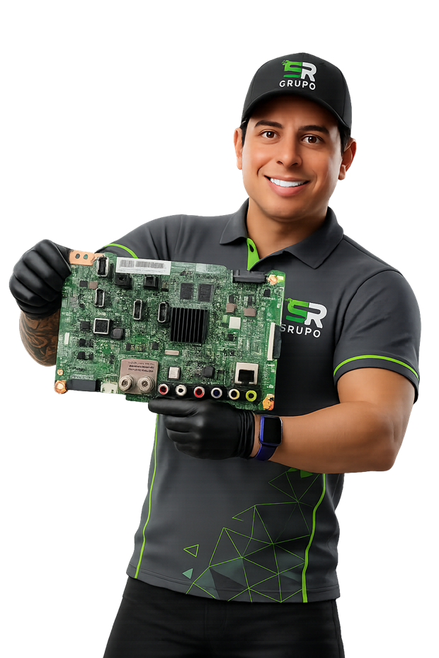 Mascote técnico Grupo SR segurando placa eletrônica de TV